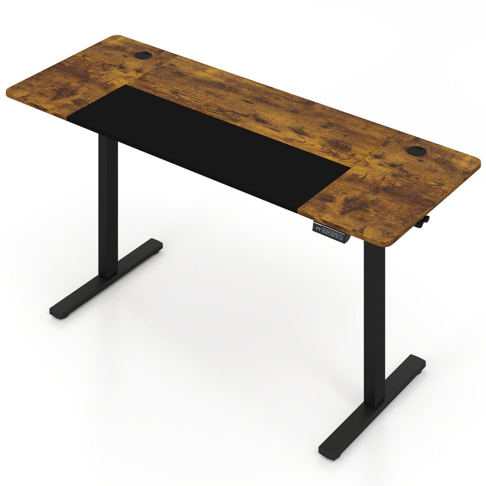 Height adjustable 63 x 24 inch computer desk in rustic brown with memory presets, ideal for ergonomic workspace setup.