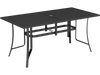 Rectangle metal patio dining table in black, 63" x 33", seats 6, with umbrella hole, ideal for outdoor dining.