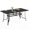 Rectangle metal patio dining table in black, featuring a sturdy frame and dual umbrella hole sizes, perfect for outdoor.