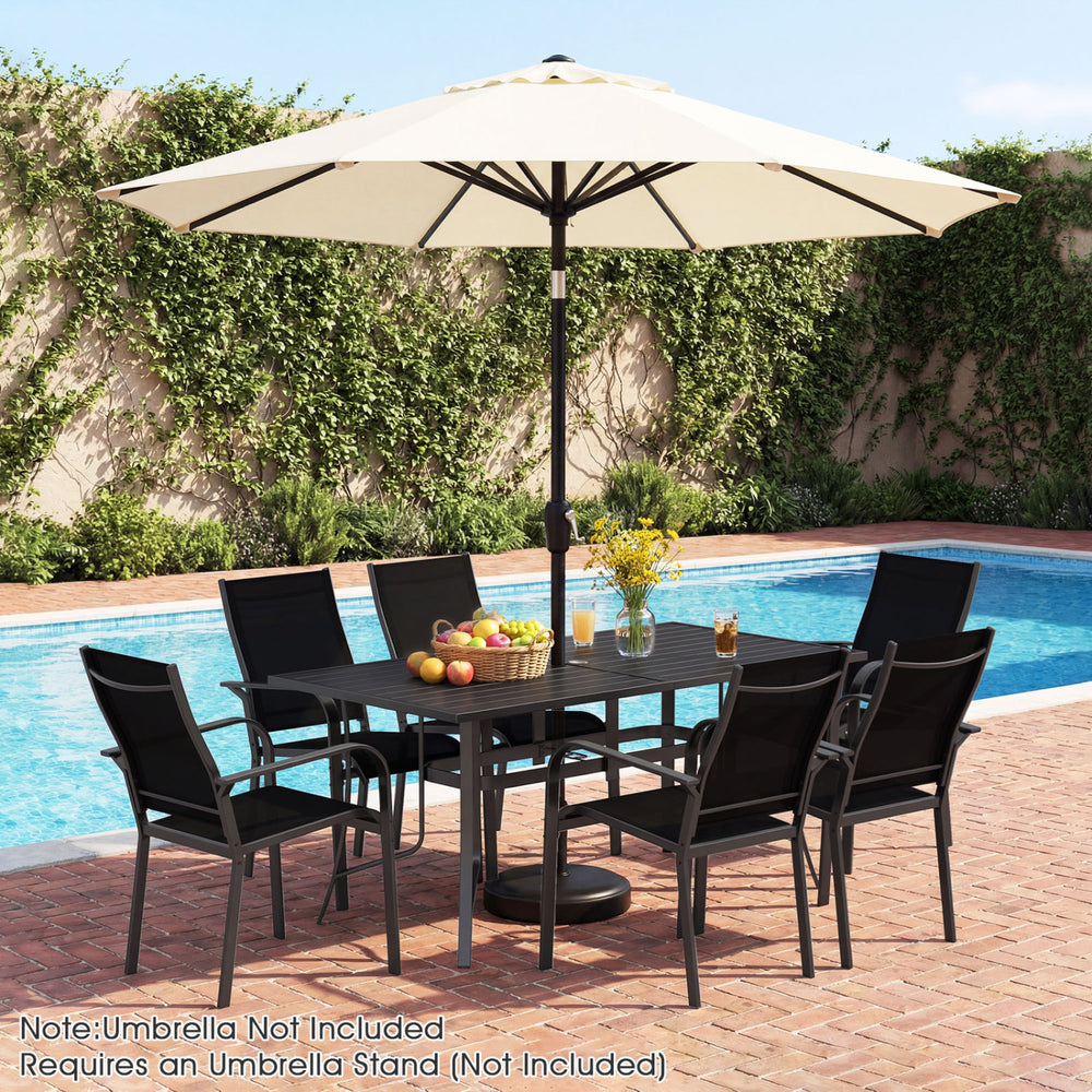 Black rectangle metal patio dining table measuring 63" x 33", featuring dual umbrella hole sizes, perfect for outdoor.