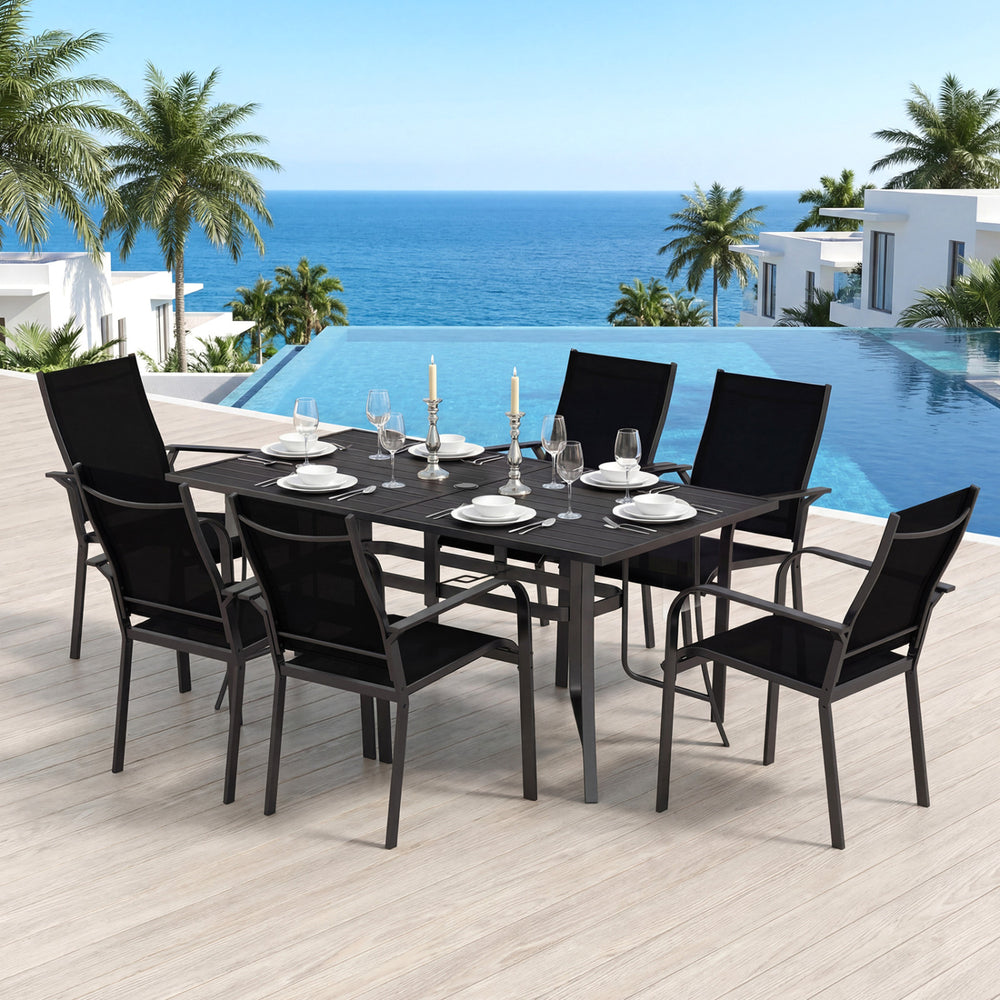 Rectangle metal patio dining table for 6 in black, featuring a spacious 63" x 33" top, ideal for outdoor dining.