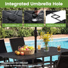 Rectangle metal patio dining table with integrated umbrella hole, seats 6, black finish, ideal for outdoor dining.