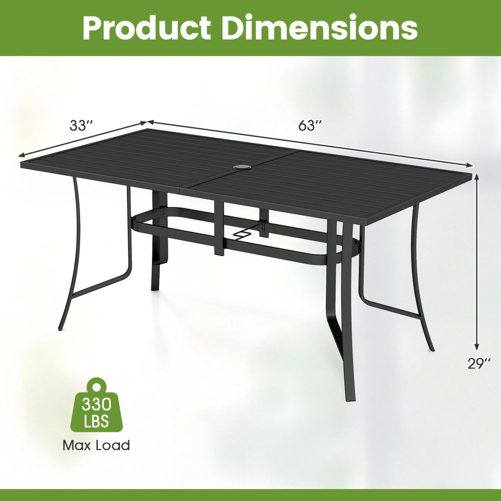 Rectangle metal patio dining table measuring 63" x 33", seats 6, with umbrella hole, supports 330 lbs, ideal for.