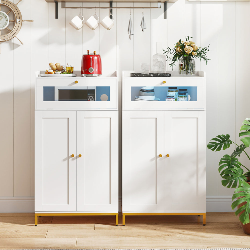 Freestanding white kitchen pantry cabinet with LED light strip, flip door, and multiple storage shelves for organized.