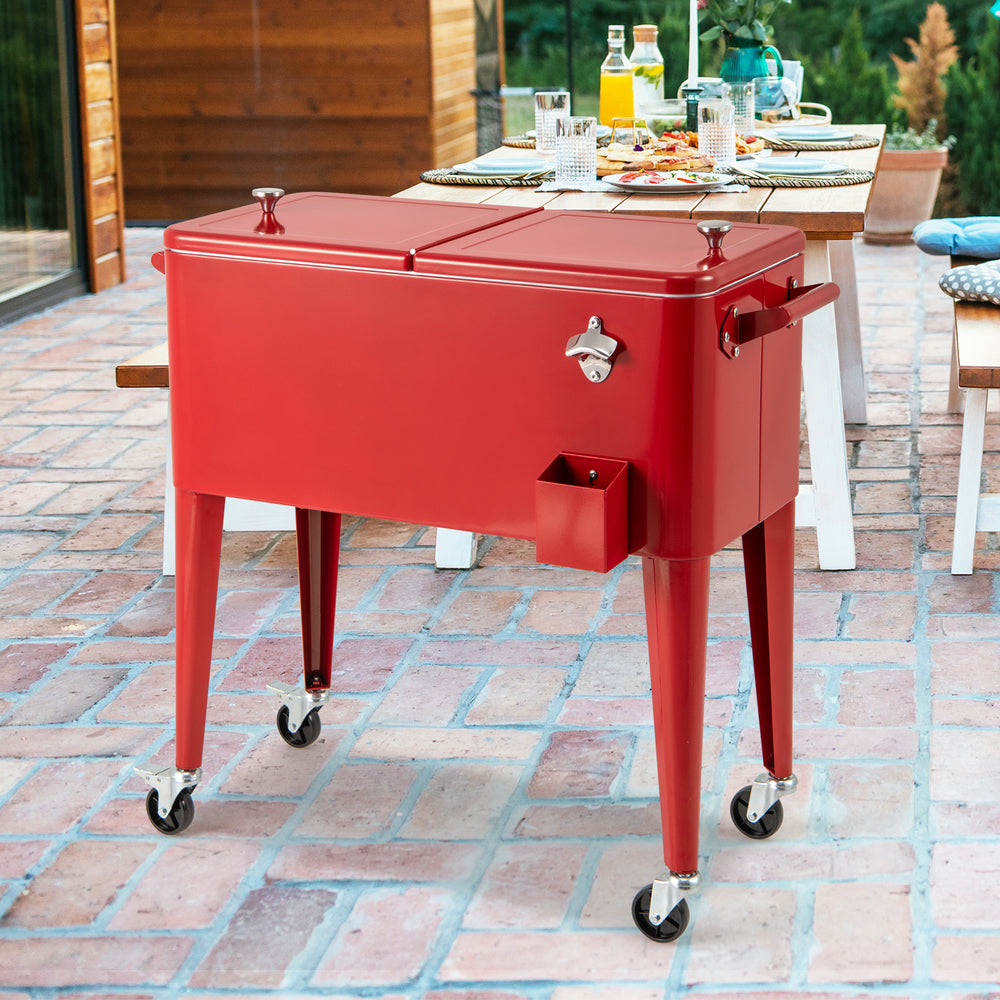 Red portable outdoor patio cooler cart with 80 Quart capacity, wheels for mobility, and built-in bottle opener.