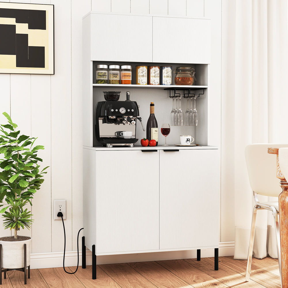 Tall white kitchen pantry cabinet with wine glass rack, open shelf, and charging station for convenient storage and.