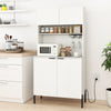 Tall white kitchen pantry cabinet with charging station, wine glass rack, and ample storage for utensils and decor.