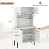 Dimensions of the 64.5-inch tall white kitchen pantry cabinet with charging station and wine glass rack for organized.