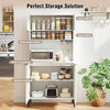 64.5-inch tall white kitchen pantry cabinet with open shelf, wine glass holder, and wide countertop for versatile.