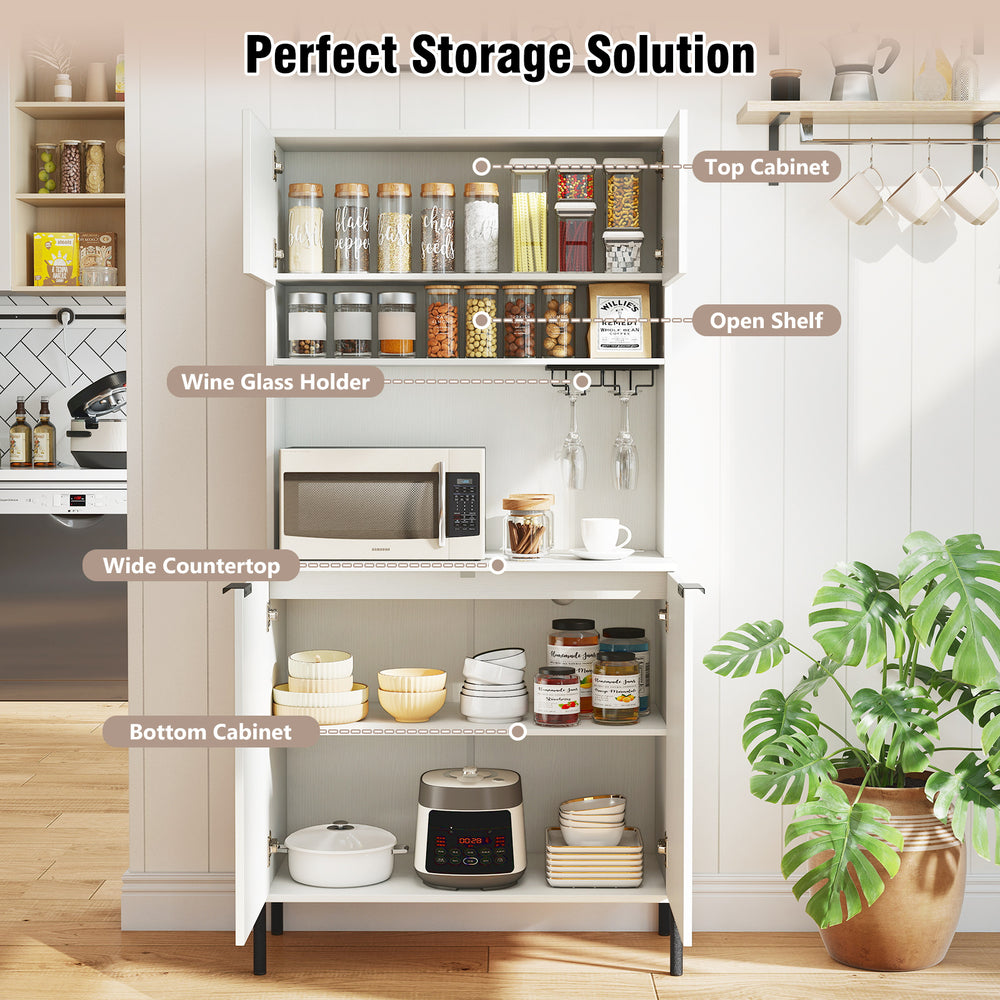 64.5-inch tall white kitchen pantry cabinet with open shelf, wine glass holder, and wide countertop for versatile.