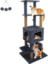 Indoor cat tree in dark grey with three levels, featuring plush fabric, two condos, and playful hanging balls for cats.