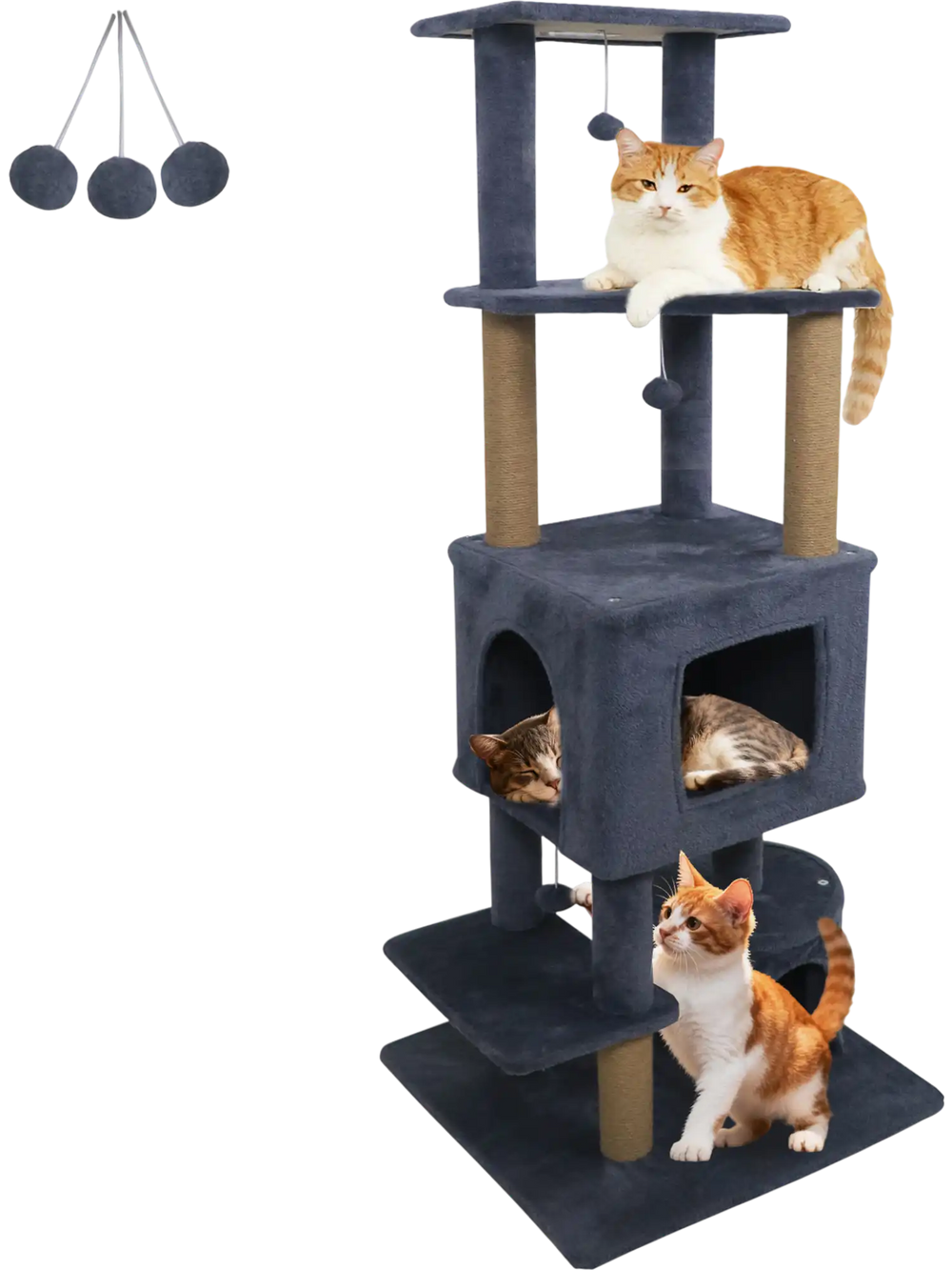 Indoor cat tree in dark grey with three levels, featuring plush fabric, two condos, and playful hanging balls for cats.