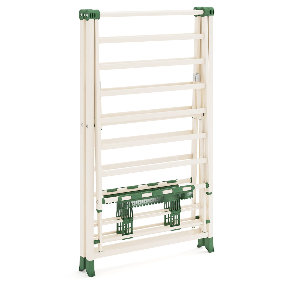 Height adjustable 64-inch clothes drying rack in beige with top and bottom drying areas, 28 sock clips, and shoe.