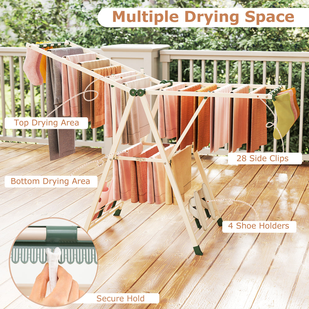 64-inch beige clothes drying rack with height adjustable wings, 28 sock clips, and 4 shoe holders for versatile laundry.