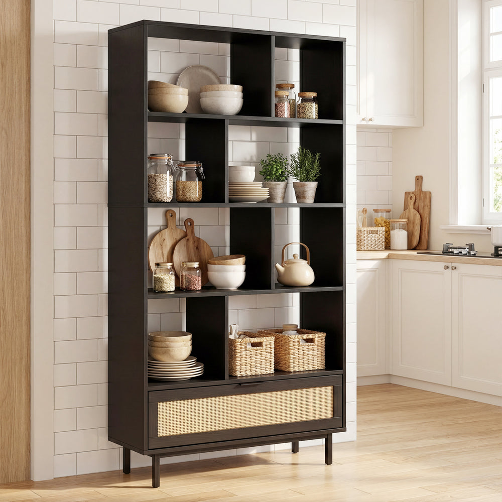 64" tall wooden bookcase with 8 open cubes and rattan drawer, perfect for living room or home office storage.
