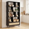 64" tall wooden bookcase with 8 open cubes and rattan drawer, perfect for living room or home office storage.