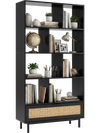 64" tall wooden bookcase featuring 8 open cubes and a rattan drawer, perfect for living room or home office storage.