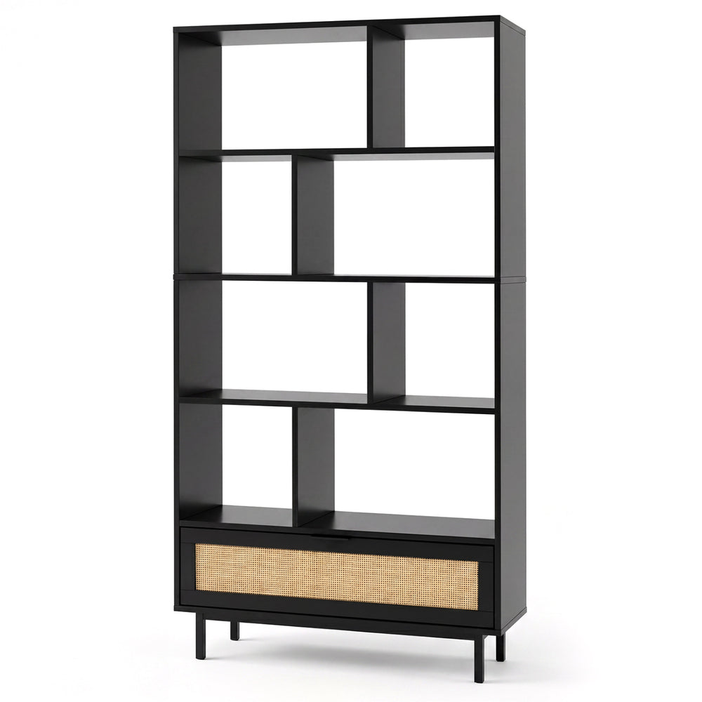 64" tall wooden bookcase with 8 open cubes and rattan drawer, featuring metal legs for stable storage in living rooms.
