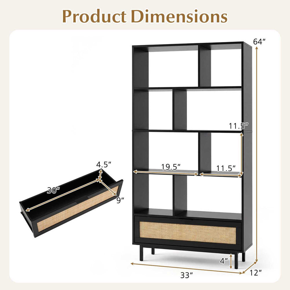 64-inch tall black wooden bookcase with 8 open cubes and rattan drawer, perfect for living rooms and offices.
