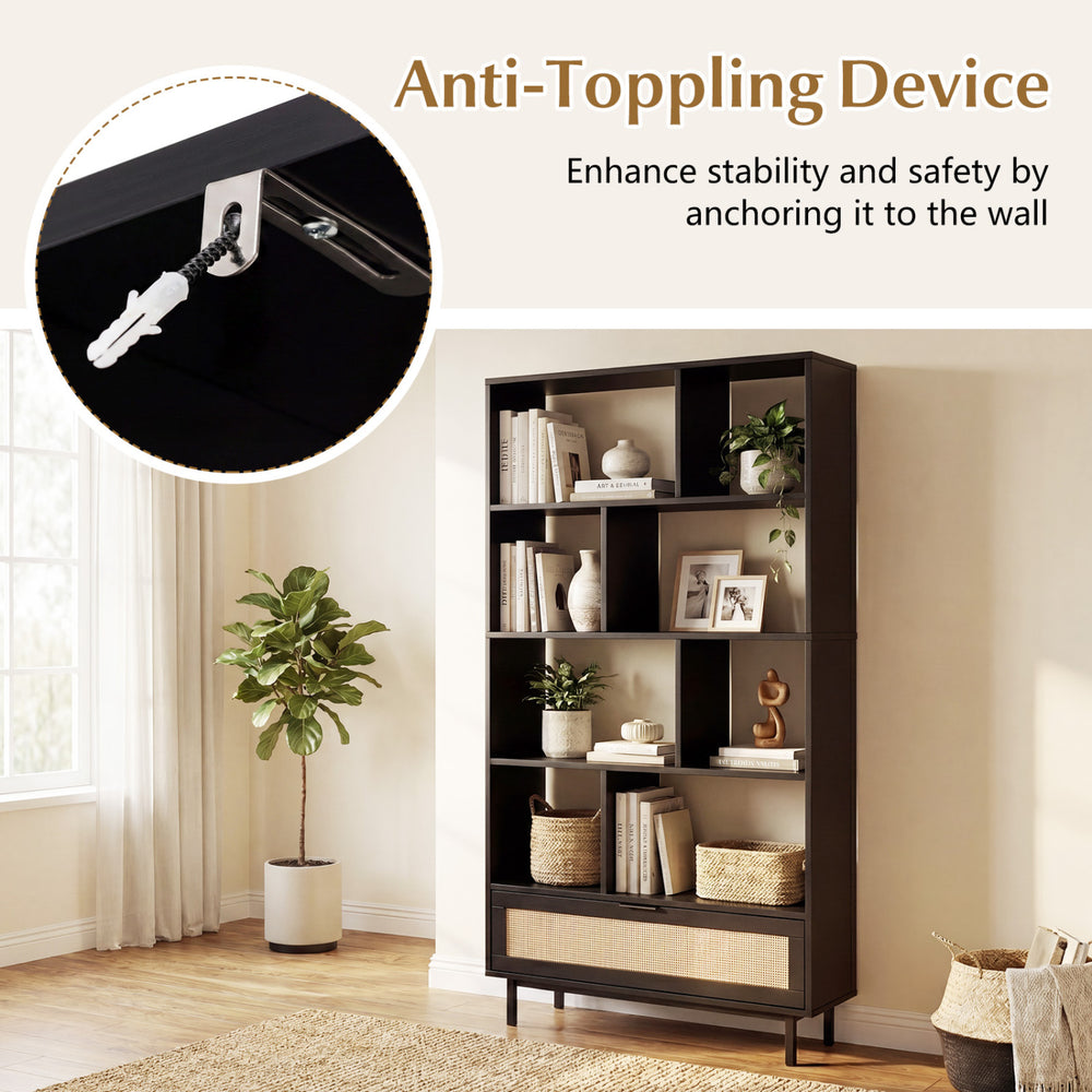 64" tall wooden bookcase with 8 open cubes and rattan drawer, featuring metal legs for stability in any room.