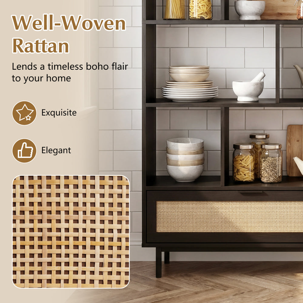 64" tall wooden bookcase featuring 8 open cubes, rattan drawer, and metal legs for elegant home storage and display.