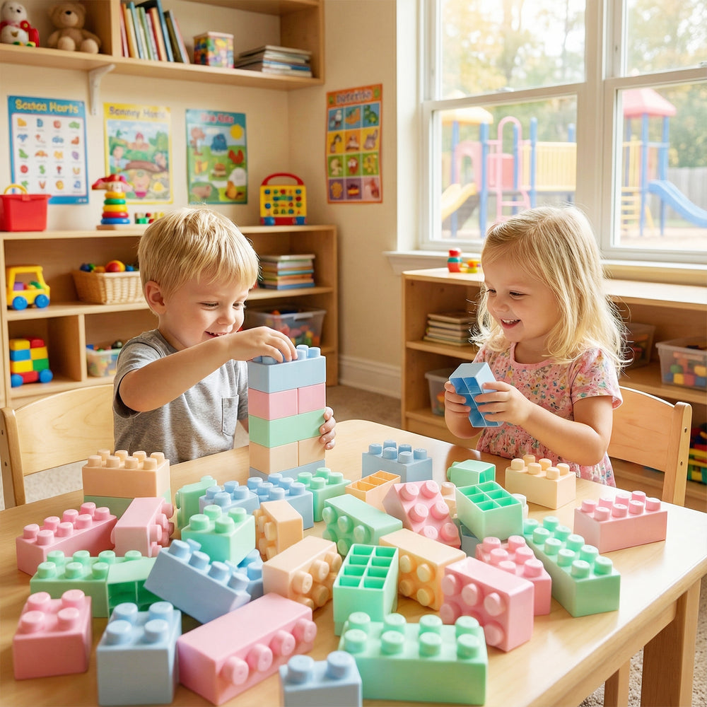 Colorful 64 pcs building blocks for toddlers, promoting creativity and fine motor skills during playtime.