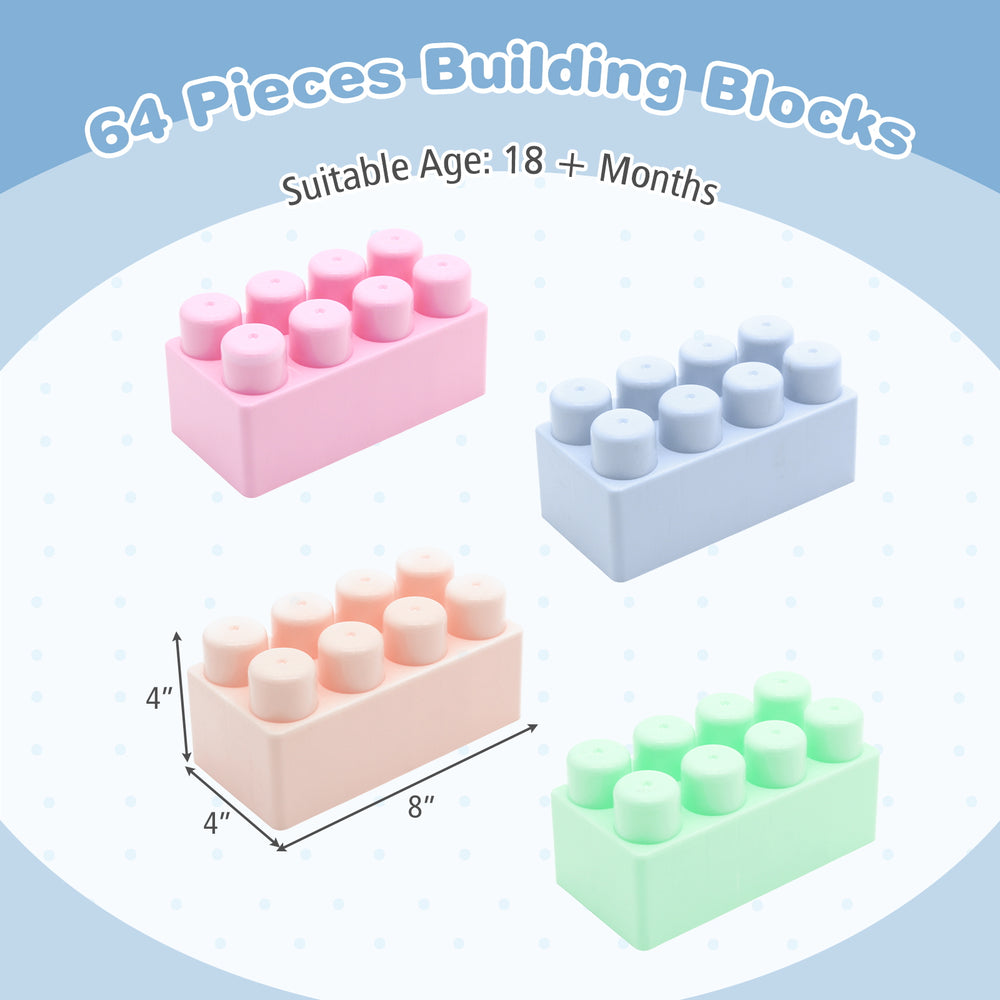 Colorful 64 pcs building blocks for toddlers, made of BPA-free PP material, perfect for creative play and fine motor.