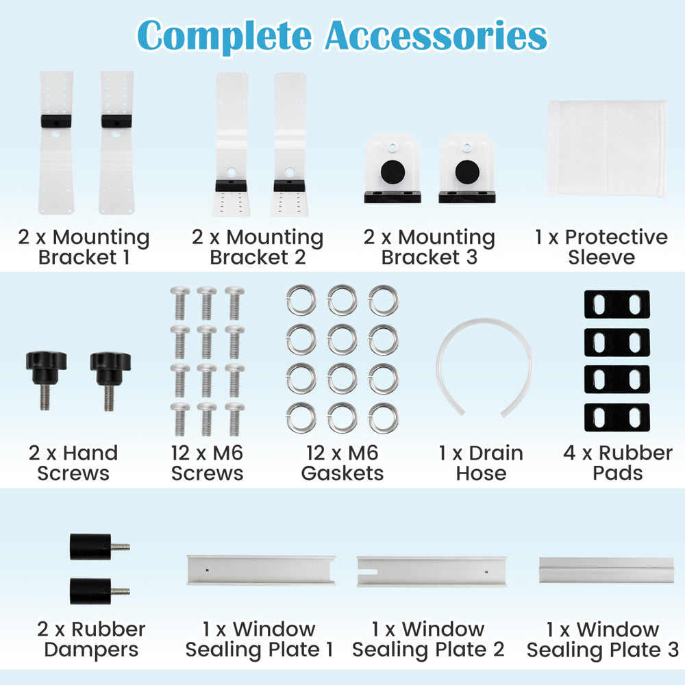 Complete accessory set for 6500 BTU window AC unit, including brackets, screws, gaskets, and rubber pads for secure installation.