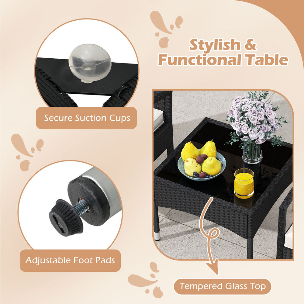 Tempered glass top coffee table with adjustable foot pads and secure suction cups for stability in outdoor settings.