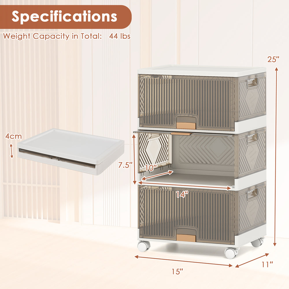 Three-cube stackable storage bins with detachable wheels, featuring a modular design and ample storage capacity for.