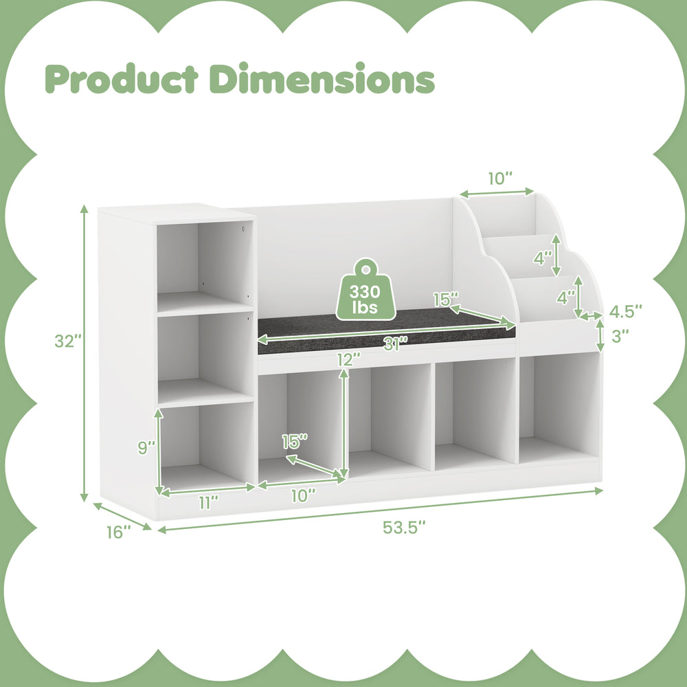 Kids bookcase with reading nook dimensions, featuring adjustable shelves and 7 storage cubbies for versatile.