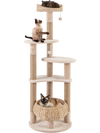 Multi-level 59-inch beige cat tree with perch, hammock, and sisal scratching posts for indoor cats.