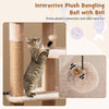 Interactive plush dangling ball with bell on a 59-inch beige cat tree, designed for playful indoor cat fun.