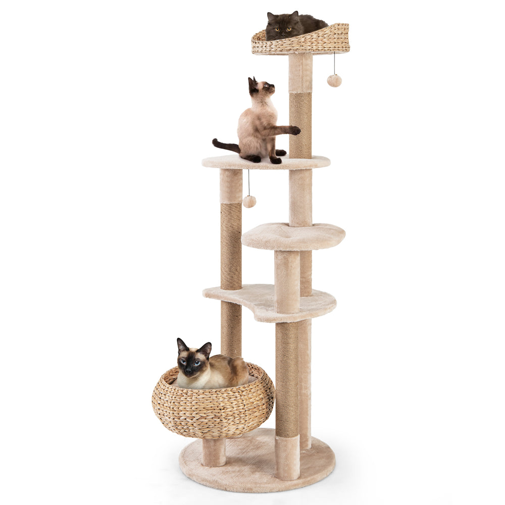 Multi-level 59-inch cat tree in beige with perch, hammock, and scratching posts for indoor cats to play and relax.