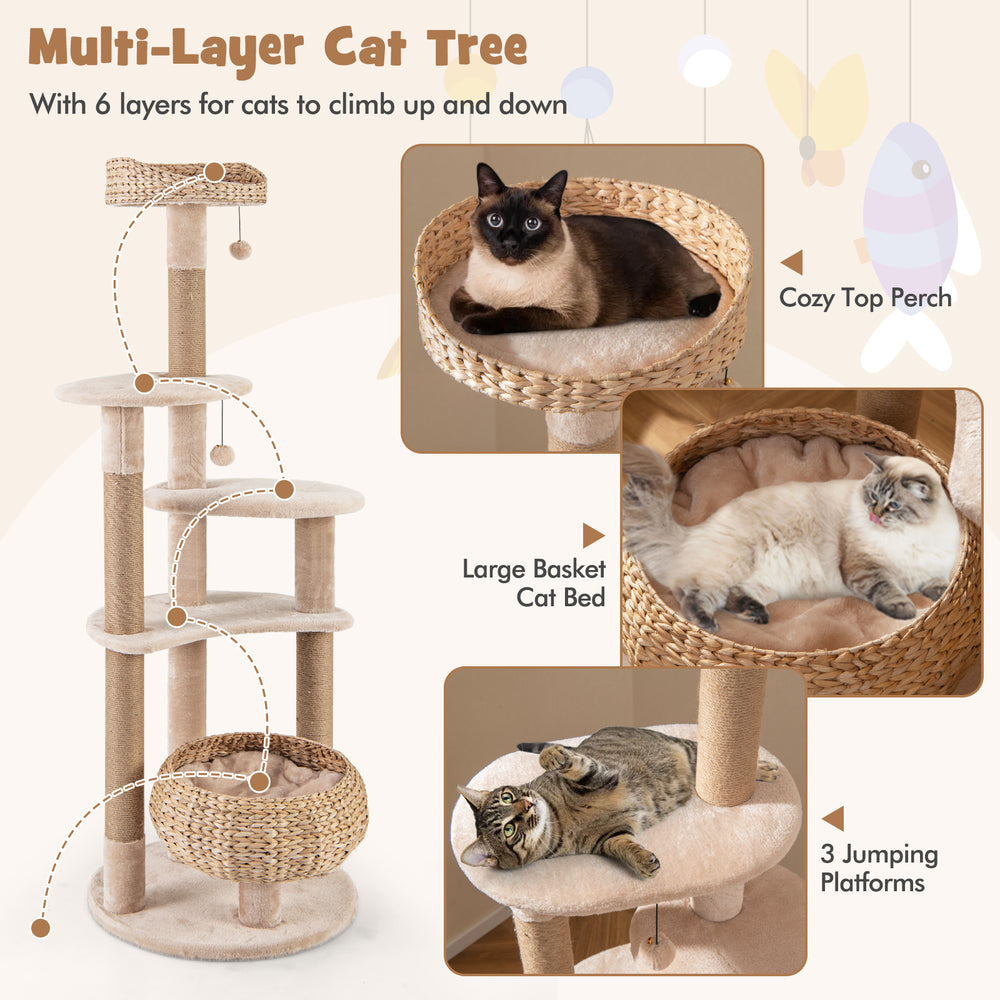 Multi-layer cat tree with cozy top perch, spacious cat bed, and sisal scratching posts for indoor cats in beige.