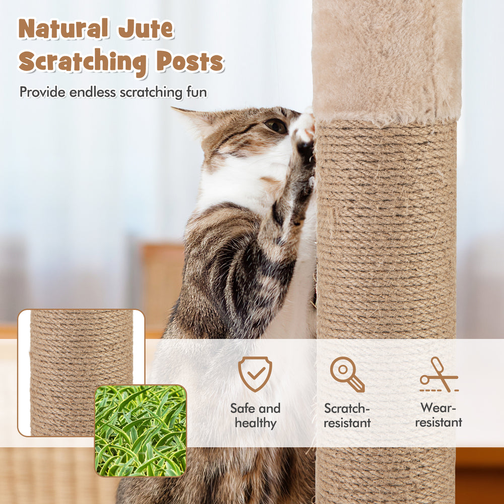 Cat tree featuring a beige perch, hammock, and sisal scratching posts for indoor cats, providing multi-layer fun and.