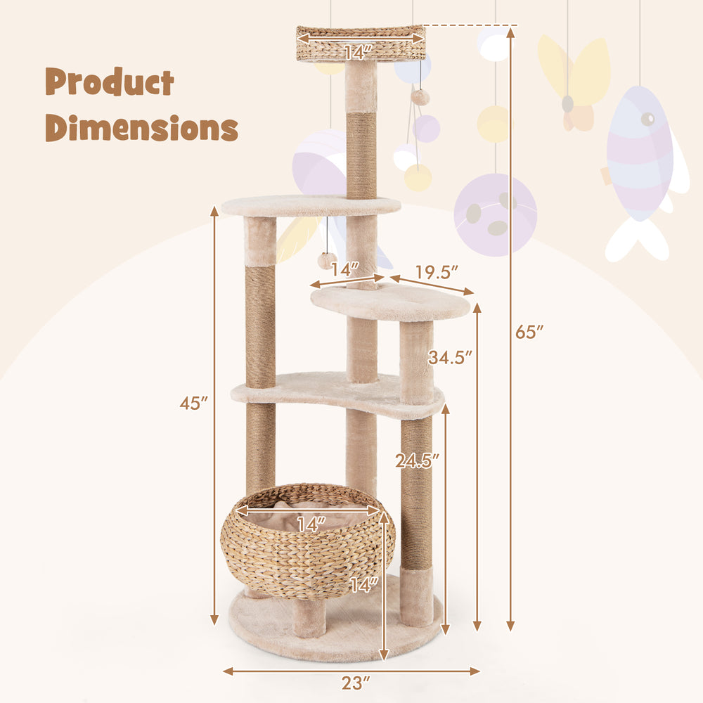 Dimensions of the 59-inch beige cat tree with perch, hammock, and multiple platforms for indoor cats.
