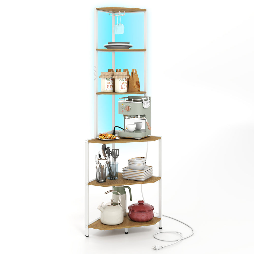 6-tier corner shelf with a natural finish, built-in charging station, and adjustable LED lighting for versatile storage.