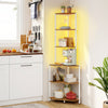 65-inch 6-tier corner shelf with a natural finish, featuring adjustable LED lighting and a built-in charging station.