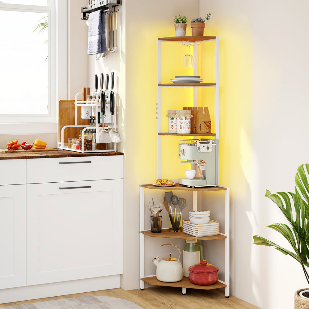 65-inch 6-tier corner shelf with a natural finish, featuring adjustable LED lighting and a built-in charging station.