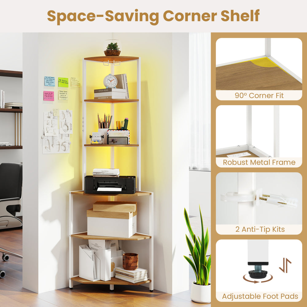 65-inch 6-tier corner shelf with a robust metal frame, built-in charging station, and adjustable LED lighting for ambiance.