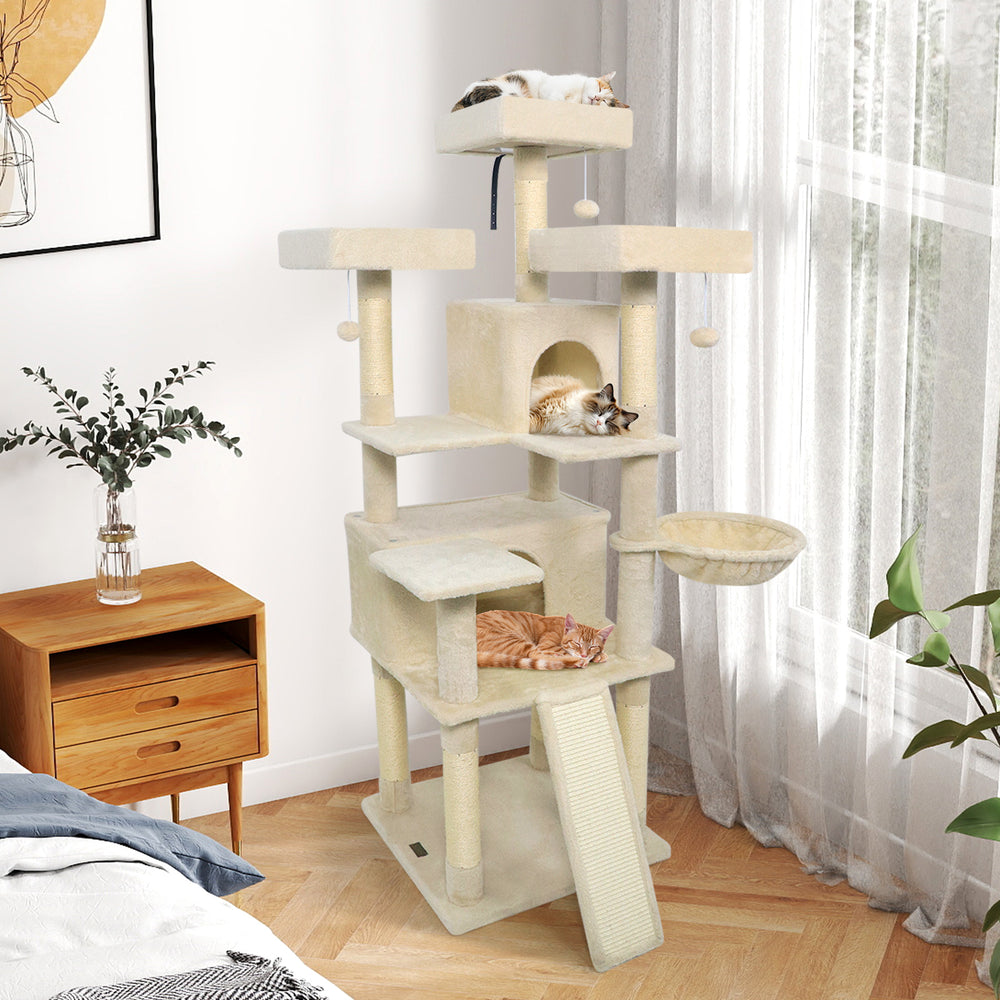 65 Inch Tall Multi-level Cat Tree with 3 Upholstered Perch and 2 Cat Condos-Beige - Gallery View 1 of 11