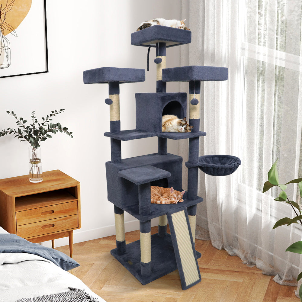 Multi-level dark gray cat tree with 3 upholstered perches, 2 condos, and scratching posts for climbing and lounging.
