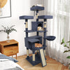 Multi-level dark gray cat tree with 3 upholstered perches, 2 condos, and scratching posts for climbing and lounging.