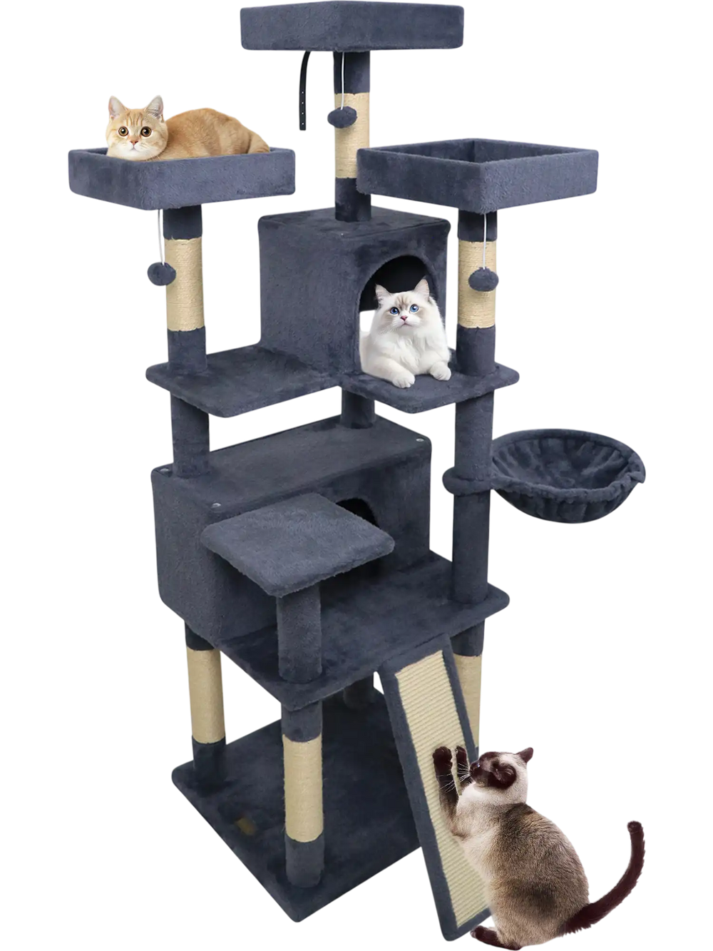 Cozy cat condo on a 65-inch tall dark gray cat tree, providing a perfect lounging spot for your feline friend.