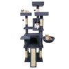 Dark gray cat tree featuring a cozy cat bowl and three hanging balls, perfect for feline entertainment and relaxation.