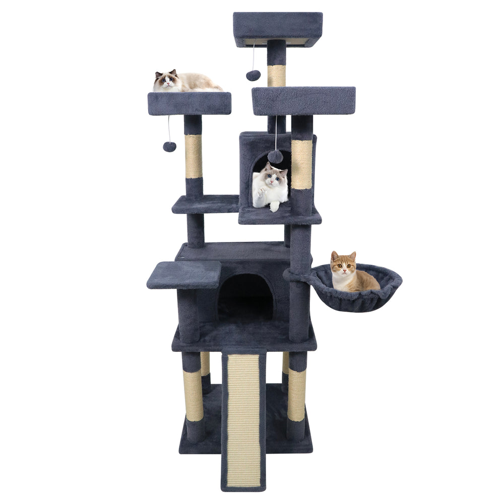 Dark gray cat tree featuring a cozy cat bowl and three hanging balls, perfect for feline entertainment and relaxation.