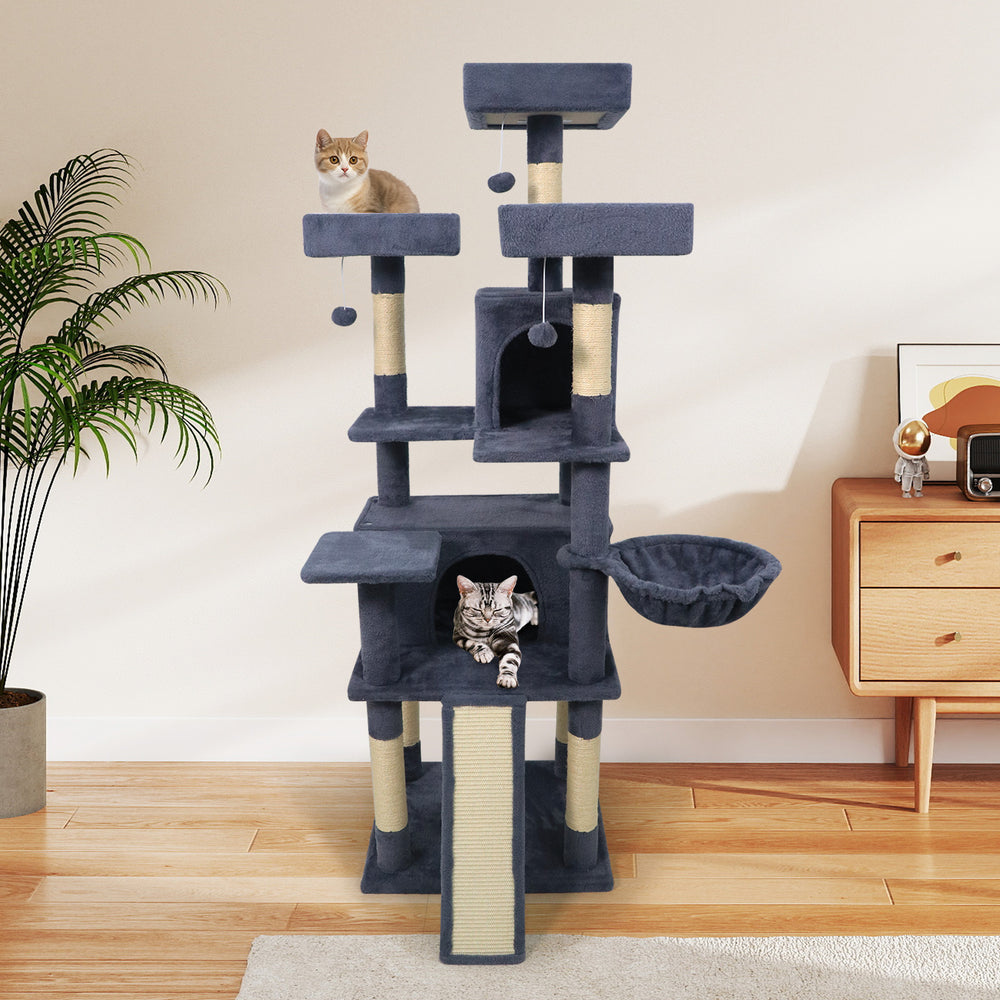 Multi-level dark gray cat tree with 3 upholstered perches, 2 condos, and scratching posts for active play and.