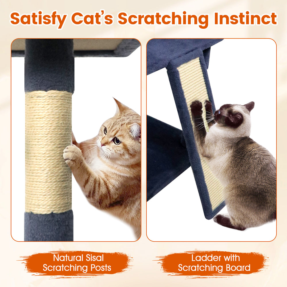 Close-up of a natural sisal scratching post on a 65-inch tall multi-level cat tree for satisfying scratching instincts.