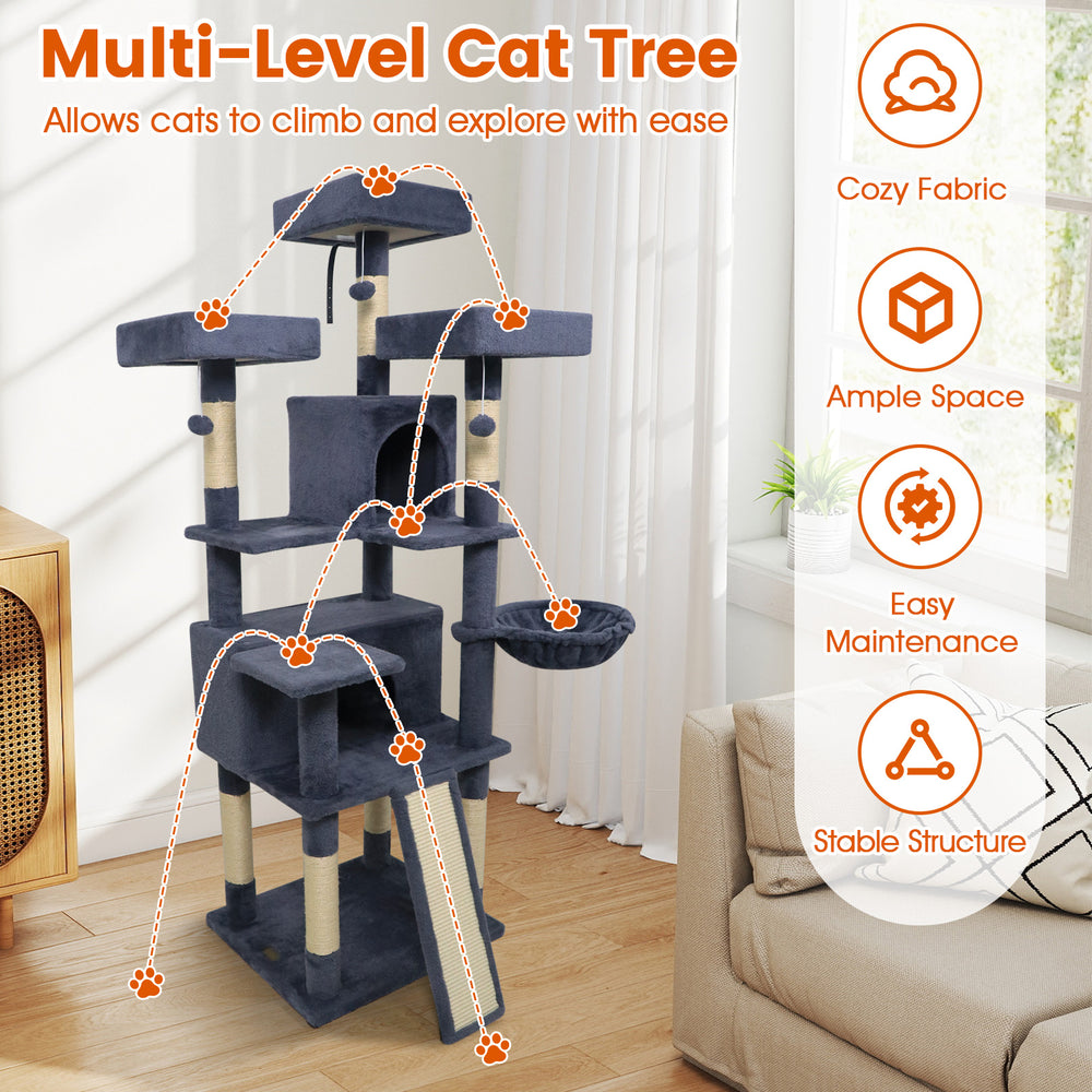 Side view of a 65-inch tall dark gray multi-level cat tree showcasing the wide base for excellent stability and safety.